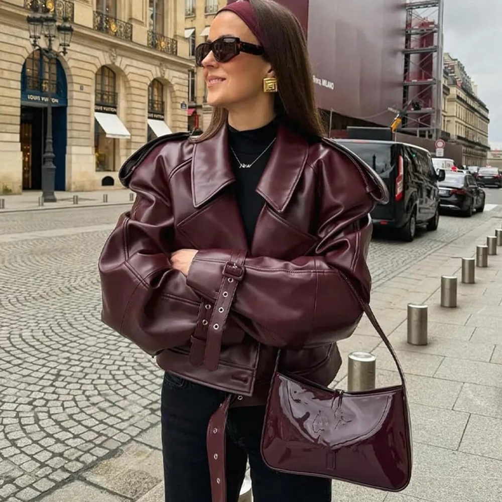 Wine colored faux leather oversized motorcycle jacket - Picture 2 of 7